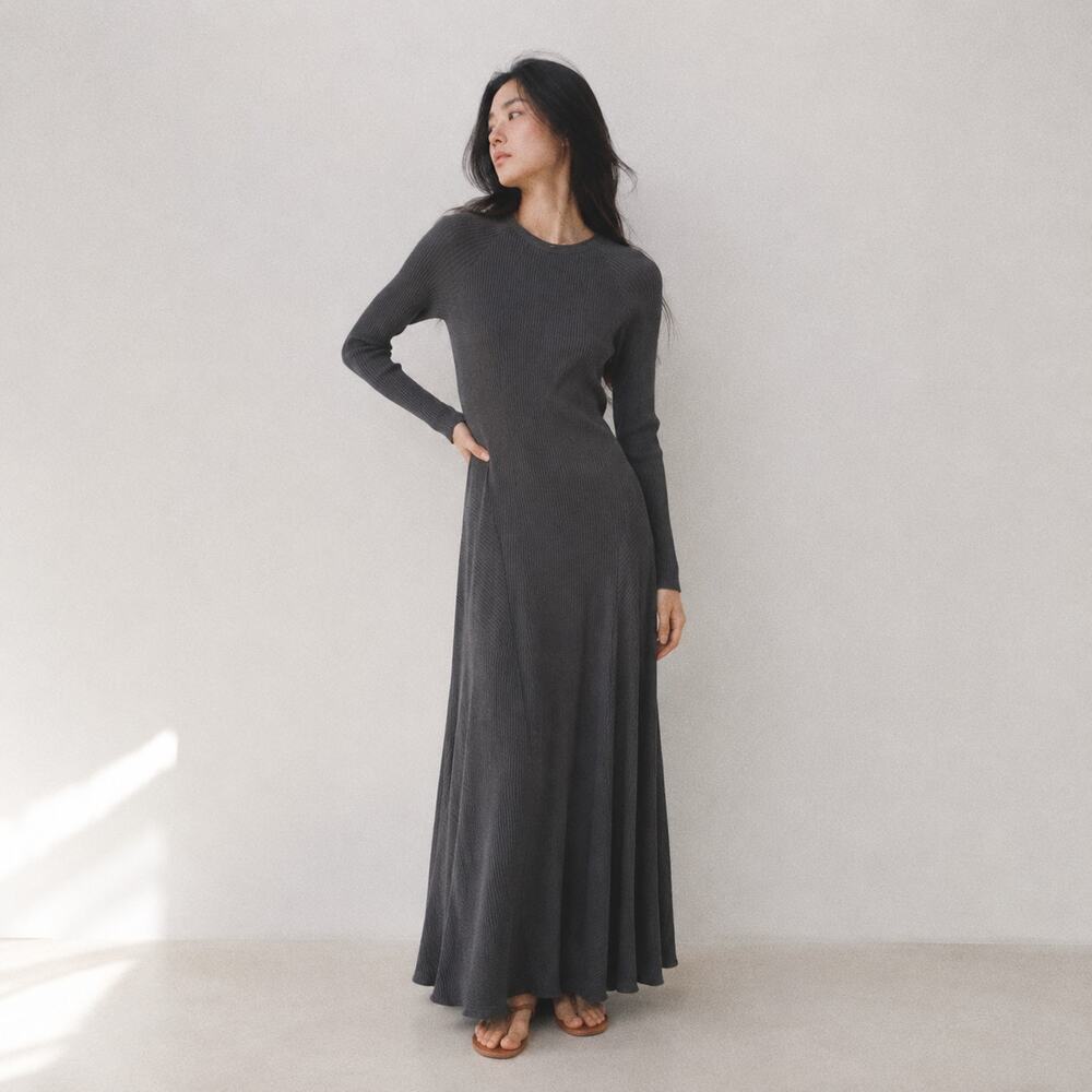 Rag & Bone Knit Ribbed Maxi Dress Womens M Black Crewneck Long Sleeve Flared